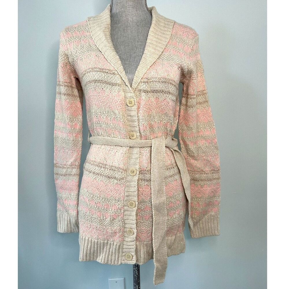 Cherokee Pink Cream Button Front Belted Long Sleeve Cardigan Girls Size XL 14/16